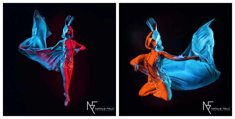 Conceptual fashion portraiture entitled "Animal Within" by Natalie Field Photography shows in-camera techniques like multiple exposure and long exposure featuring Wintercroft rabbit mask