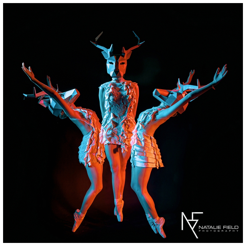 Conceptual fashion portraiture entitled "Animal Within" by Natalie Field Photography shows in-camera techniques like multiple exposure and long exposure featuring Wintercroft deer mask