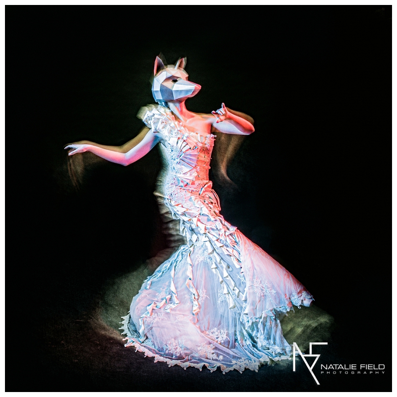 Conceptual fashion portraiture entitled "Animal Within" by Natalie Field Photography shows in-camera techniques like multiple exposure and long exposure featuring Wintercroft deer mask