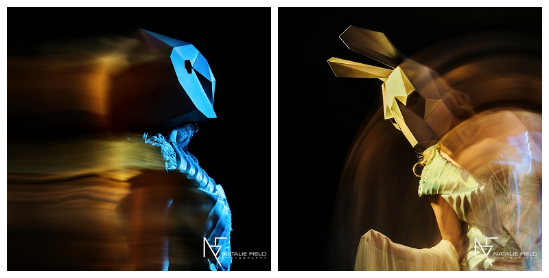 Conceptual fashion portraiture entitled "Animal Within" by Natalie Field Photography shows in-camera techniques like multiple exposure and long exposure featuring Wintercroft owl and hare mask