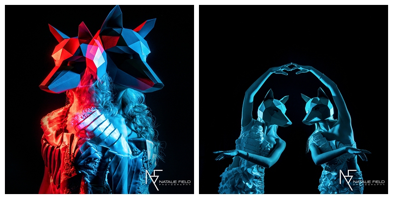 Conceptual fashion portraiture entitled "Animal Within" by Natalie Field Photography shows in-camera techniques like multiple exposure and long exposure featuring Wintercroft fox mask