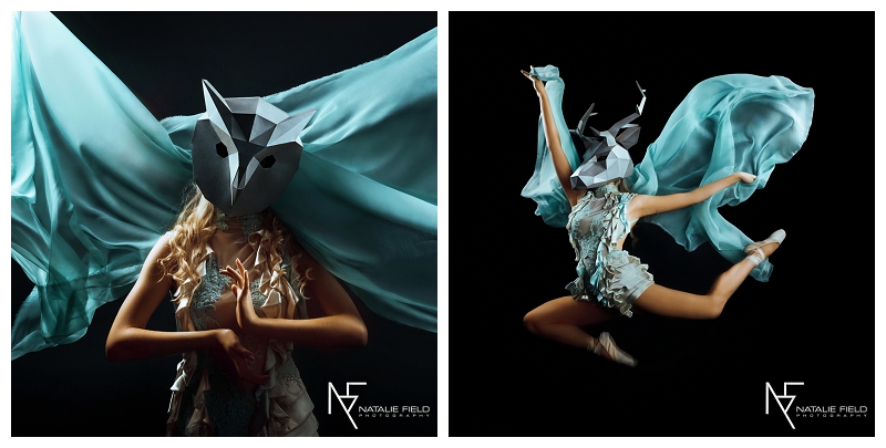 Conceptual fashion portraiture entitled "Animal Within" by Natalie Field Photography shows in-camera techniques like multiple exposure and long exposure featuring Wintercroft owl and deermask