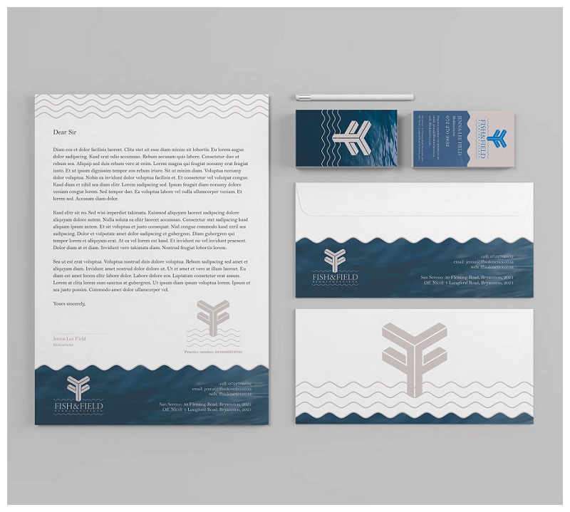 Business Cards and stationery for branding and design corporate identity for Fish and Field Biokineticists by Natalie Field 