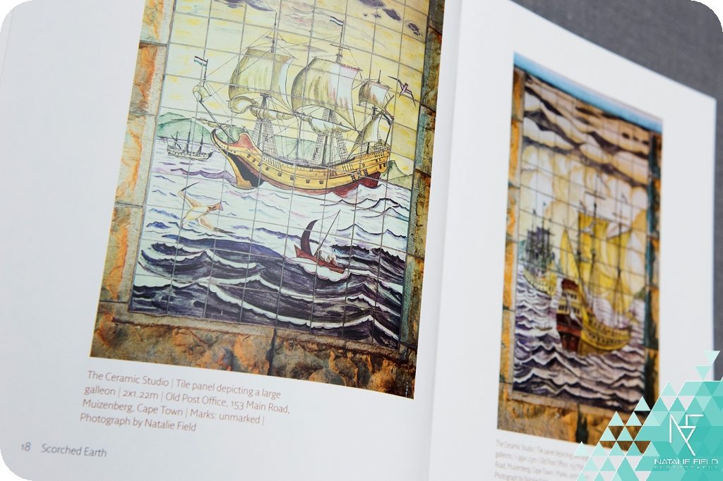 Wendy Gers book launch Scorched Earth 100 years of southern African potteries. Art reproduction for book by Natalie Field. The Ceramic Studio | Tile panel depicting large galleon | 2x1.22m | Old Post Office, Muizenberg Cape Town.