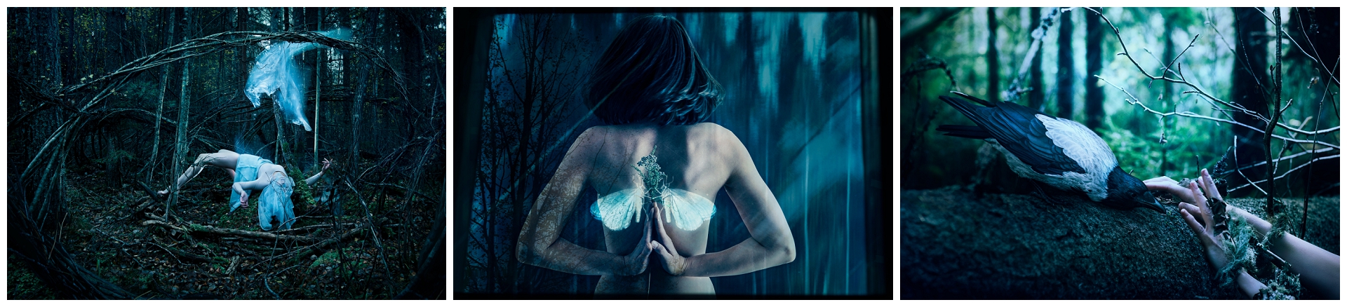 Cinematic Tableaux narrating concepts of the soul (showing human figure in forest, with moth wings and Sielulintu bird) by Natalie Field showing at solo art exhibition at Berman Contemporary in Sandton.