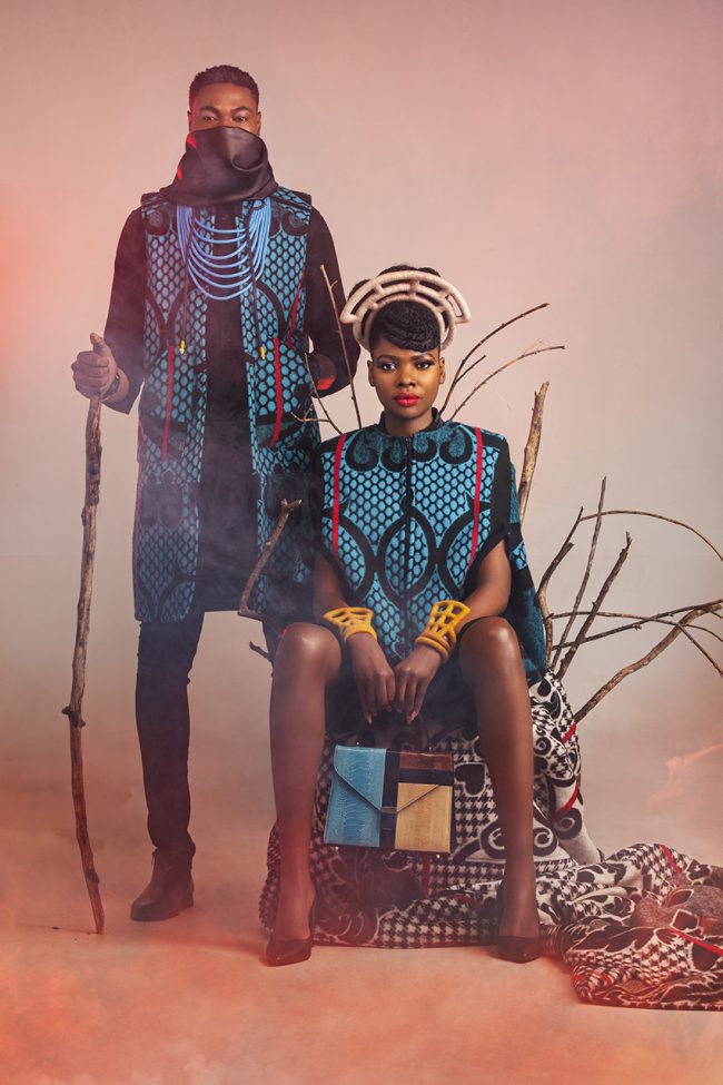 conceptual fashion campaign inspired by Africa for fashion designer Thabo Makhetha with Basatho blanket patterns and smoke machine by Johannesburg photographer Natalie Field