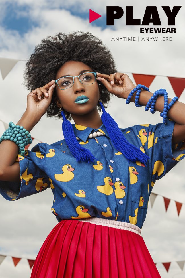 Eyewear glasses advertising campaign for Play colourful and playful brand with yellow dusk shirt styling shot as lifestyle by Johannesburg fashion photographer Natalie Field