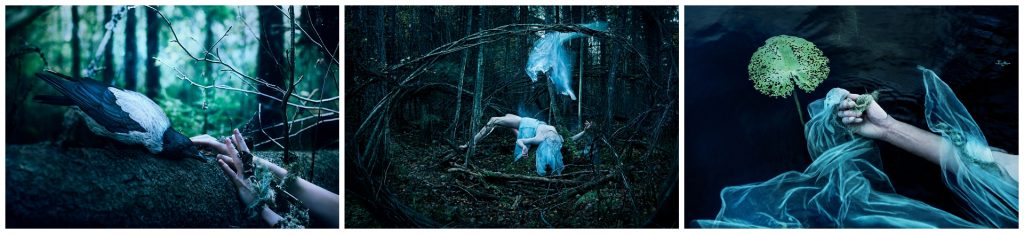 conceptual fine art photography of female form captured in nature in blue tones by conceptual photographer Natalie Fieldin Finland at the Arteles Creative Center artist residency