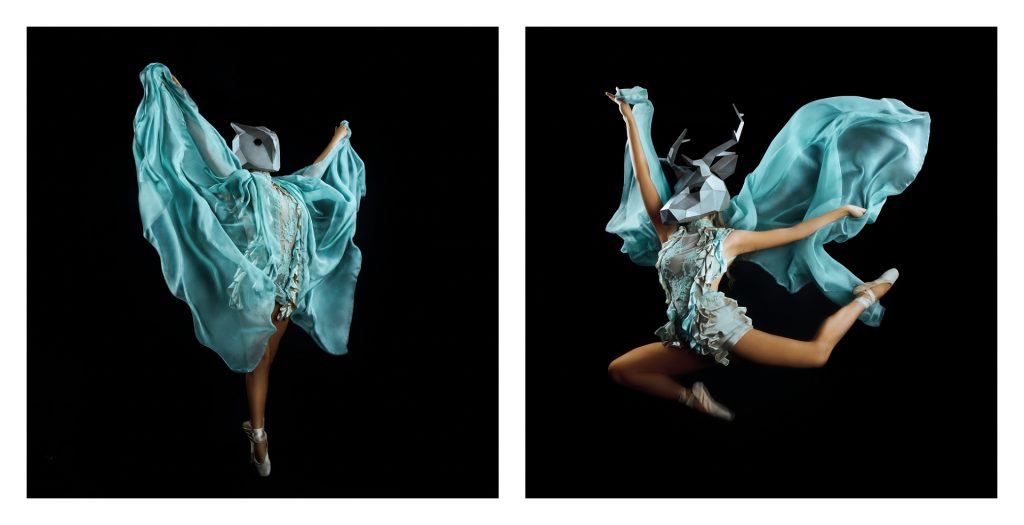 Dance photography frozen mid air of female dancer wearing animal mask by Natalie Field Photography