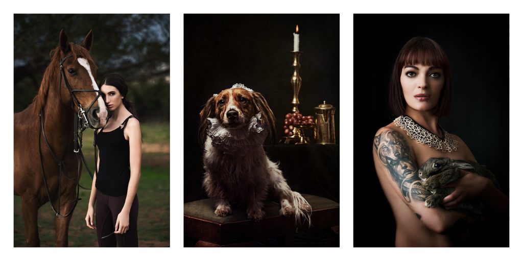 Pet portraiture showing model with horse, dog and rabbit using moody lighting by Natalie Field Photography