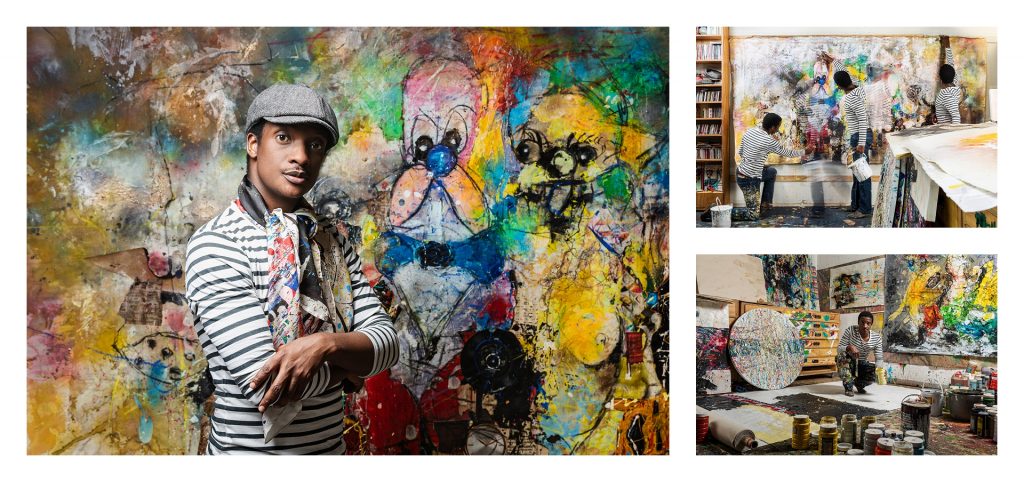 Colourful environmental portraiture of contemporary artist Daniel Stompie Selibe in his studio showing his process by Natalie Field Photography